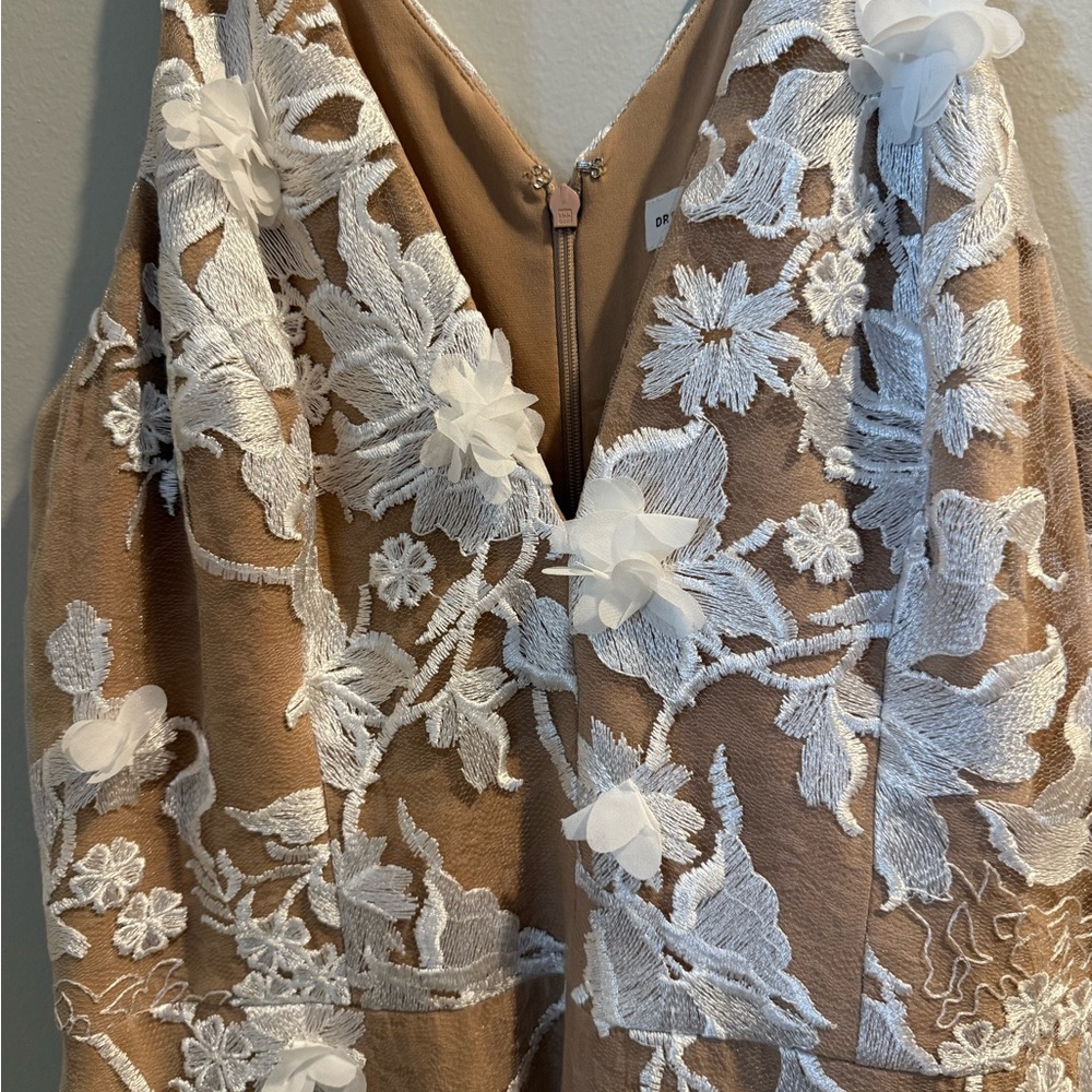 Dress the Population Tan and White Floral Midi Dress